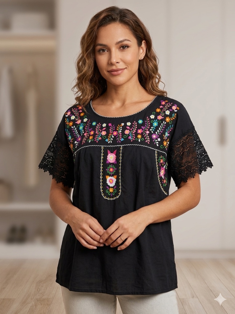 UNIK Black Embroidered Boho Lace Sleeve Top XXL Mexican embroidery